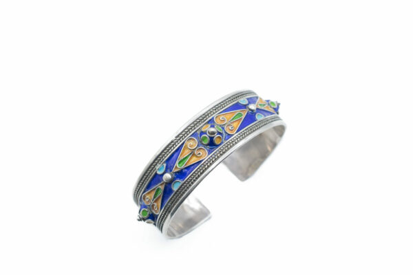 Berber silver bracelet enameled with blue yellow and green patterns