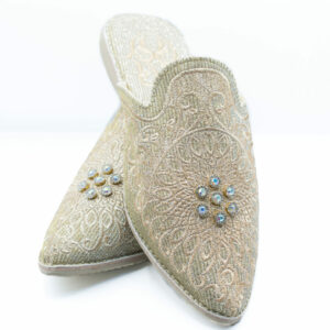 Bridal Embroidered Babouche slippers with golden silk and beaded pearls