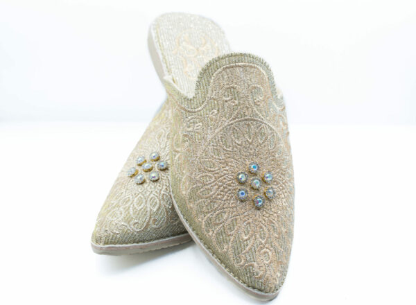 Bridal Embroidered Babouche slippers with golden silk and beaded pearls