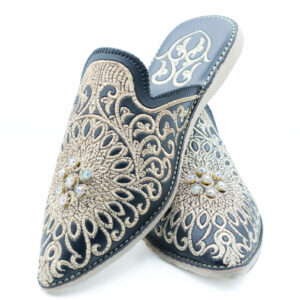 Black Moroccan Embroidered mules flat
