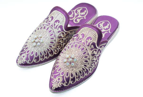 Purple Moroccan bridal slippers with golden silk and beaded pearls