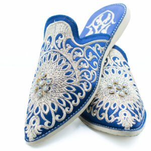 Moroccan embroidered slippers in blue.
