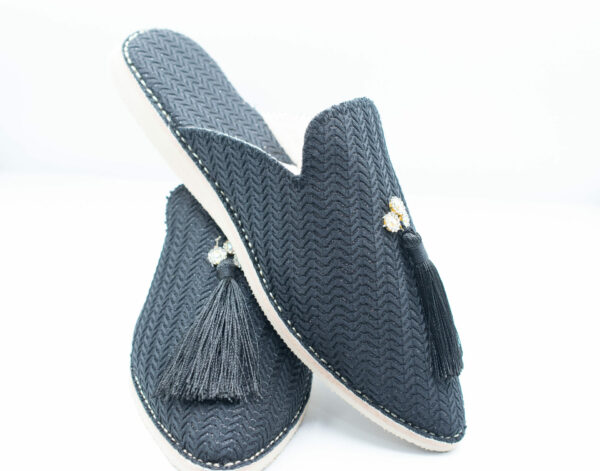 Black Moroccan slippers women with tassels and pearls