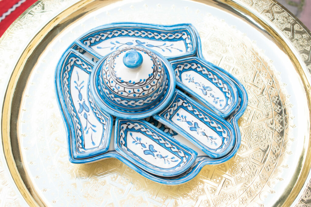 New Arrivals, Blue Hamsa plate with 7 pieces in ceramic