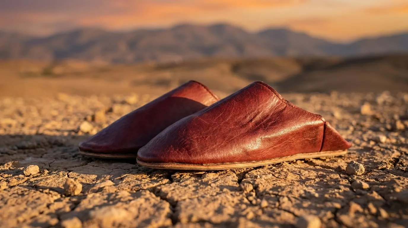 Moroccan leather grounding shoes placed on natural earth with Atlas Mountains background