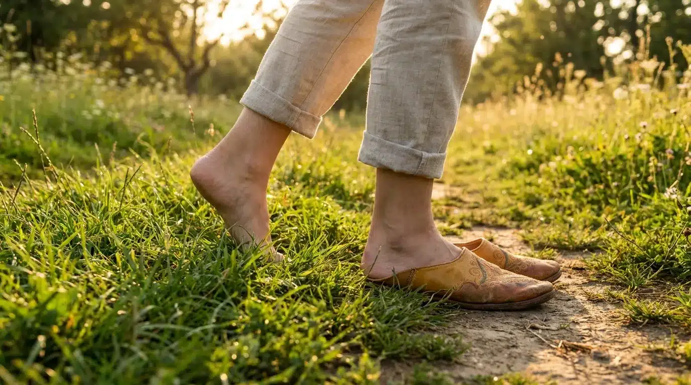 Eine Person, die im Freien auf einem Naturbodenweg spaziert und marokkanische Leder-Erdungsschuhe trägt