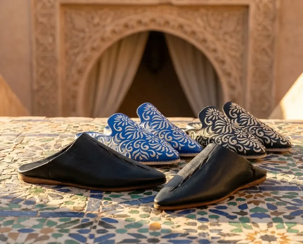 Colorful embroidered Moroccan babouche slippers on zellige tiles in a sunlit riad courtyard